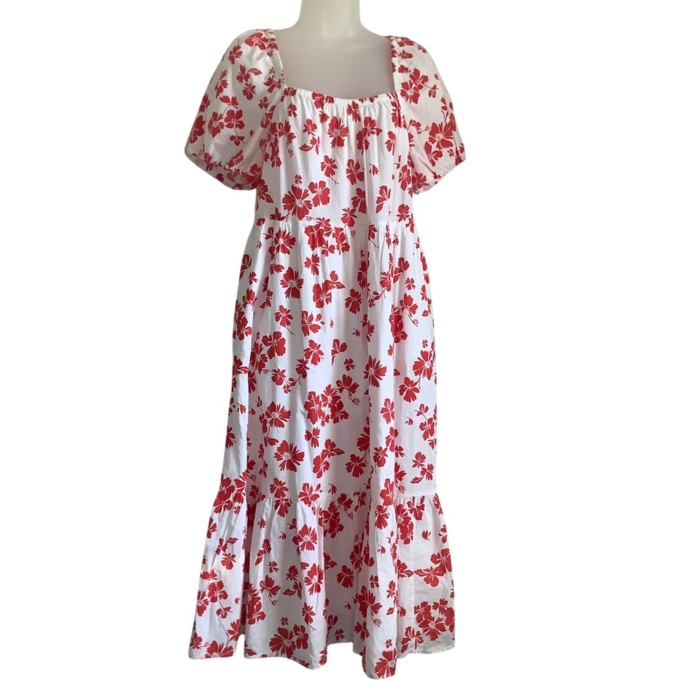 J. Crew Red White Hibiscus Floral Puff Sleeve Tiered Midi Dress Womens 8